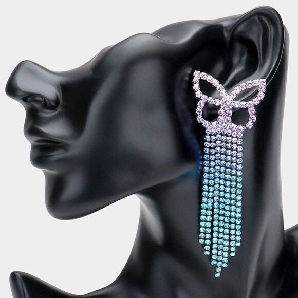 Ombre Butterfly Blue Rhinestone Fringe Earrings - Picture 1 of 6